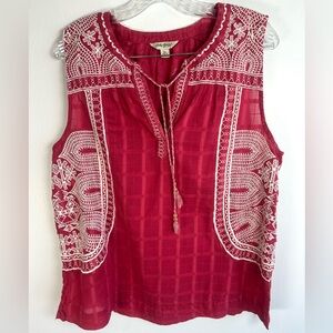 Lucky Brand Red Sleeveless Embroidered Boho Blouse